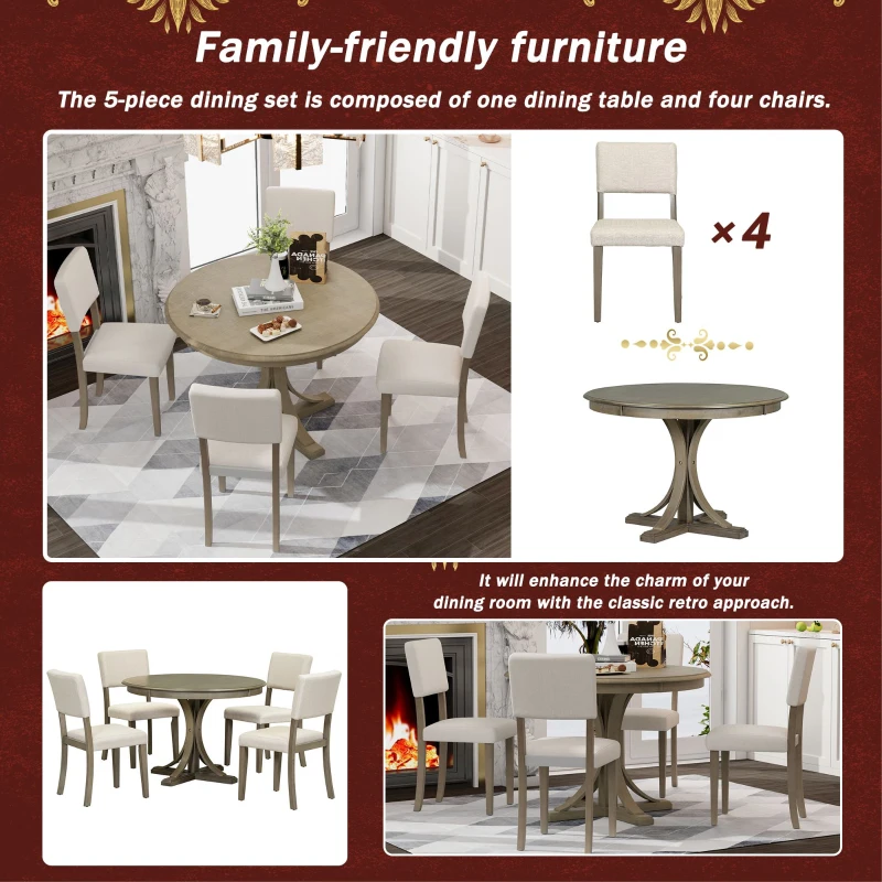 5-Piece Retro Style Round Dining Table Set with Curved Trestle Legs and 4 Upholstered Chairs, Solid Acacia Wood, for Kitchen, Taupe