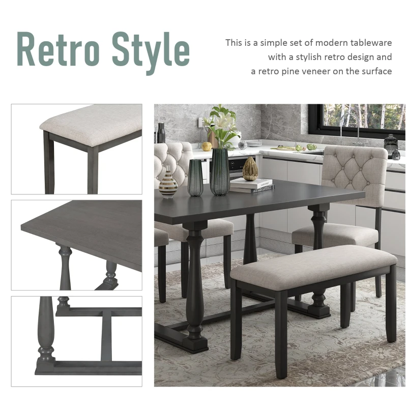 6-Piece Dining Table and Chair Set with Special-Shaped Legs, Foam-Covered Seat Backs & Cushions, Retro Pine Veneer, Gray