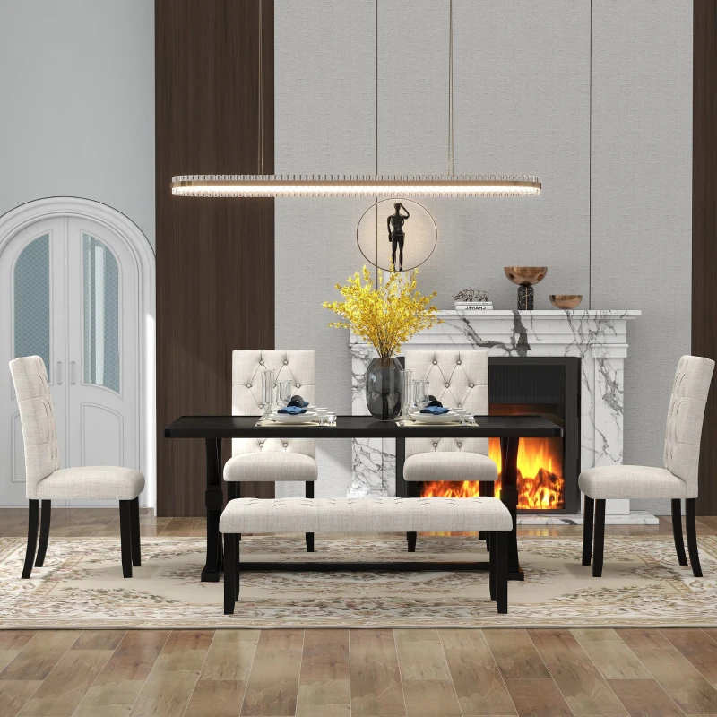 6-Piece Farmhouse Dining Table Set, 72''L x 42''W x 30''H Wood Rectangular Table with 4 Upholstered Chairs and Bench, Ergonomic Design, Espresso