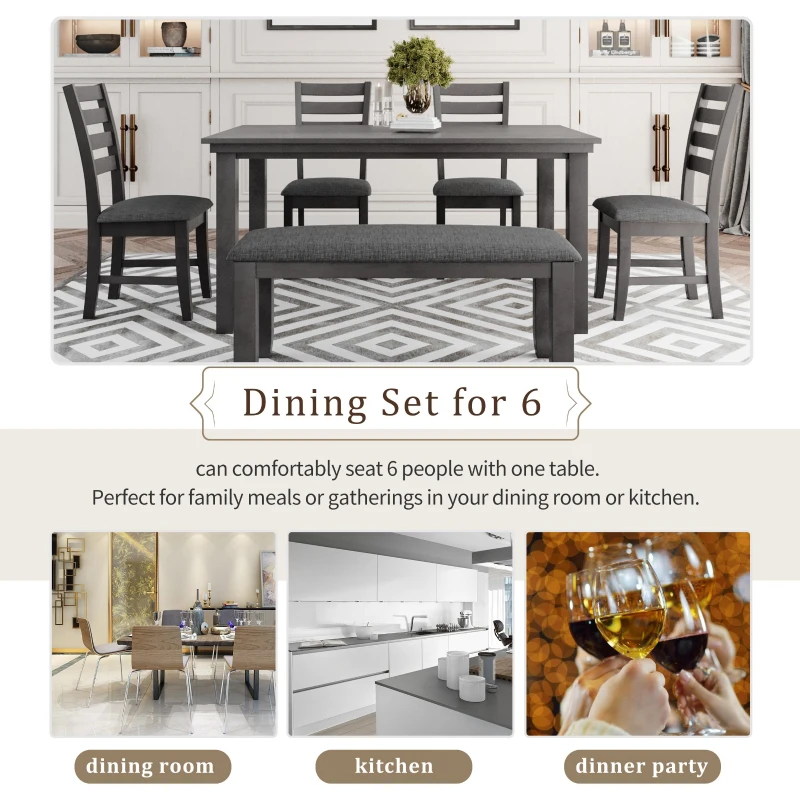 Dining Room Table and Chairs with Bench, Rustic Wood Dining Set, 6-Piece, Distressed Finish, Upholstered Seats, Solid Wood Legs, 60"L x 36"W x 30.3"H Table, Gray