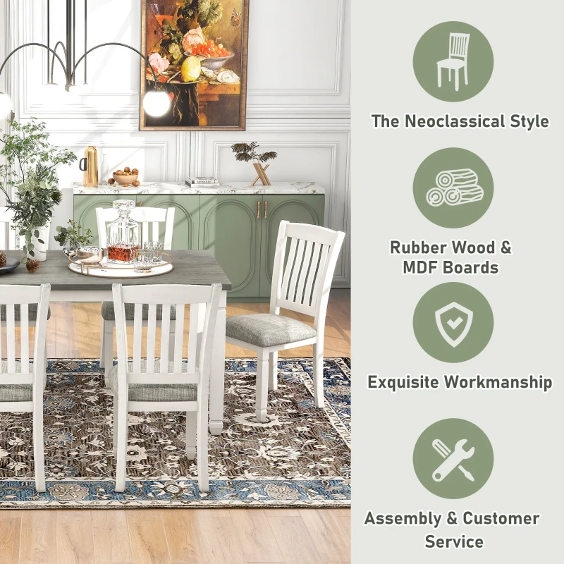 Vinsetto 7-Piece Dining Table Set with Upholstered Chairs, Ergonomic Design, Rubber Wood and MDF Construction, 60"L x 36"W x 30.5"H, White+gray