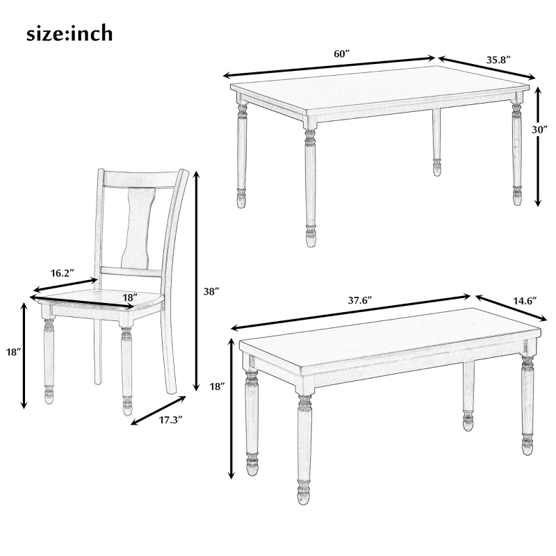 Classic 6-Piece Dining Set, Wooden Table and 4 Chairs with Bench, Sturdy Wood Construction, Ergonomic Design, 60''L x 35.8''W x 30''H, Brown+Cottage White