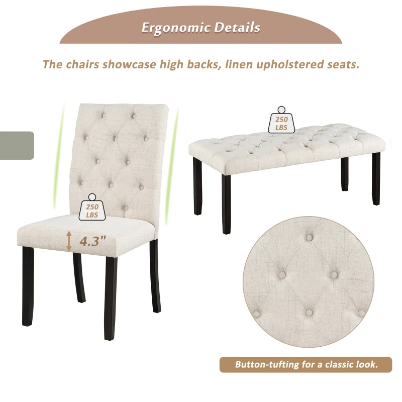 6-Piece Farmhouse Dining Table Set, 72''L x 42''W x 30''H Wood Rectangular Table with 4 Upholstered Chairs and Bench, Ergonomic Design, Espresso