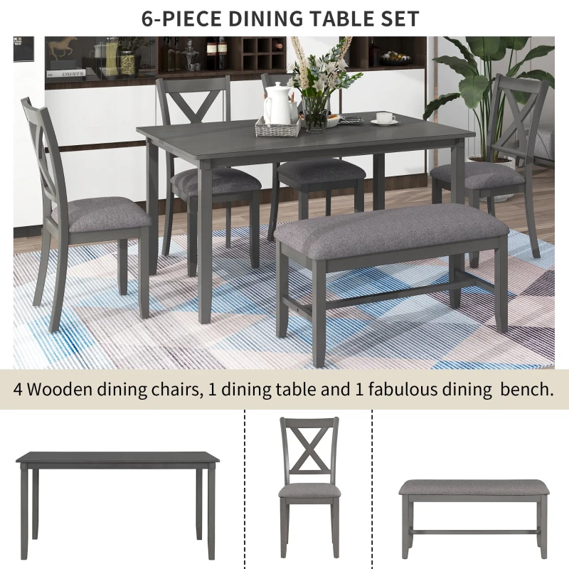 6-Piece Kitchen Dining Table Set, Wooden Rectangular Table with 4 Fabric Chairs and Bench, Waterproof Top, Easy Assembly, 60''L x 36''W x 30''H, Gray