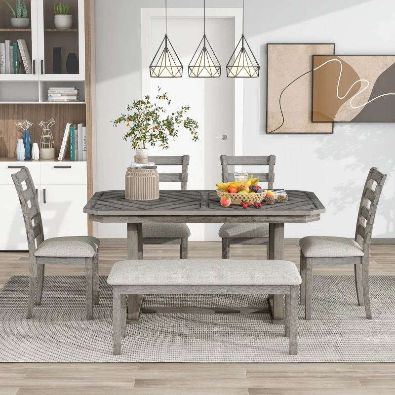 6-Piece Rubber Wood Dining Table Set with Beautiful Wood Grain Pattern, Solid Wood Veneer, Soft Cushions, and H-Shaped Support Legs, 60"L x 36"W x 30.3"H, Gray