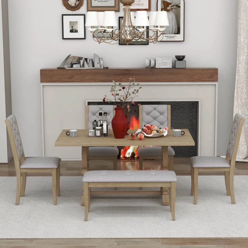 Vinsetto 6-Piece Retro Dining Set with Unique Table Legs and Foam-Covered Seats, Solid Wood Construction, 60" Table, Gray Wash