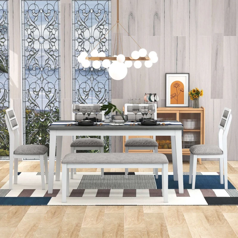 6-Piece Dining Set, Includes Dining Table, 4 Upholstered Chairs & Bench, Rubber Wood Legs, MDF Tabletop, 60''L x 36''W x 30''H, White+gray