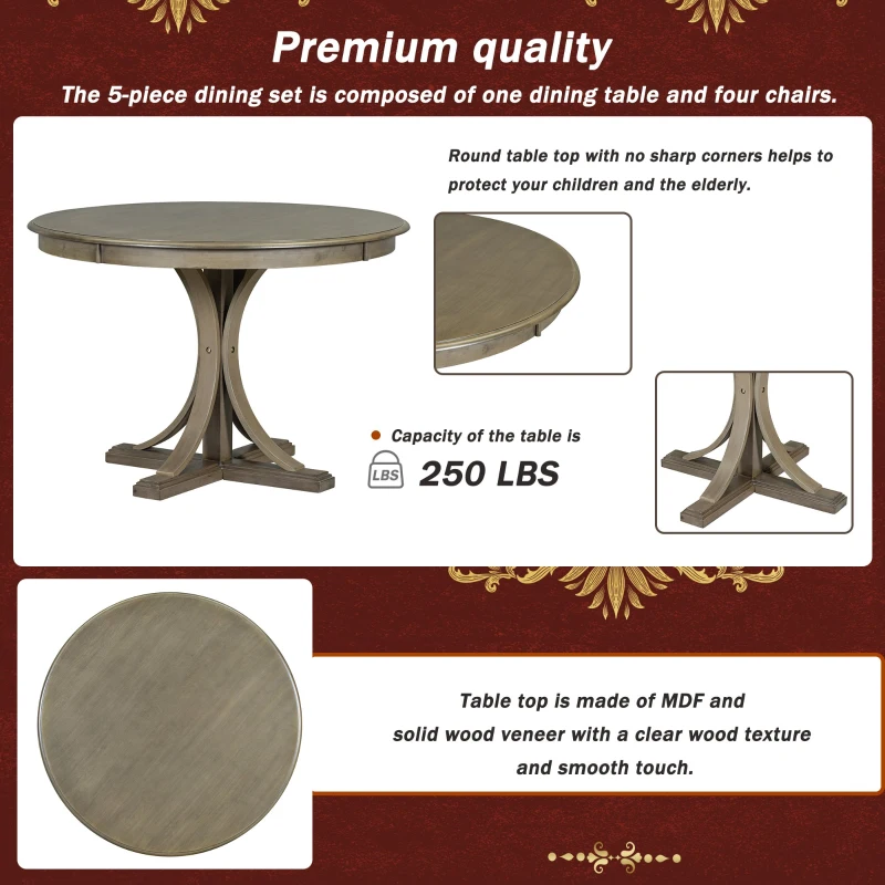 5-Piece Retro Style Round Dining Table Set with Curved Trestle Legs and 4 Upholstered Chairs, Solid Acacia Wood, for Kitchen, Taupe