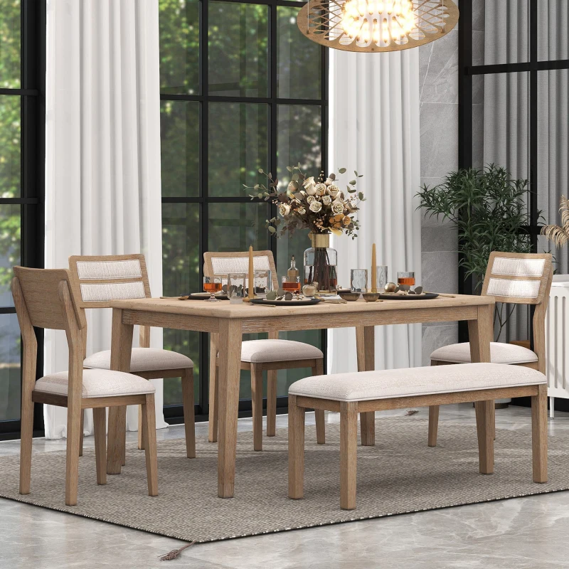 6-Piece Dining Set, Includes Dining Table, 4 Upholstered Chairs & Bench, Rubber Wood Legs, MDF Tabletop, 60''L x 36''W x 30''H, Natural Wood Wash