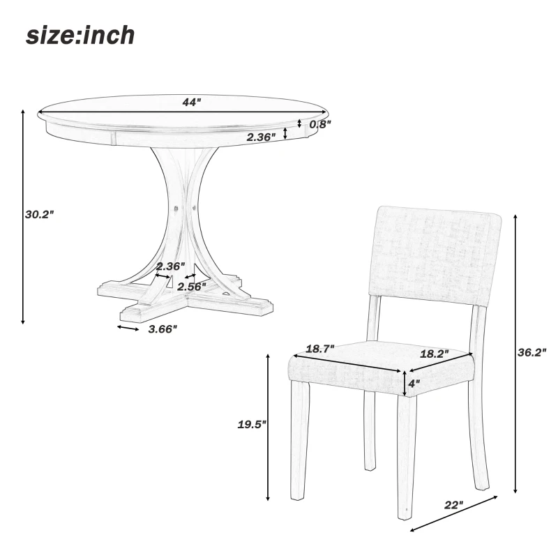5-Piece Retro Style Round Dining Table Set with Curved Trestle Legs and 4 Upholstered Chairs, Solid Acacia Wood, for Kitchen, Taupe