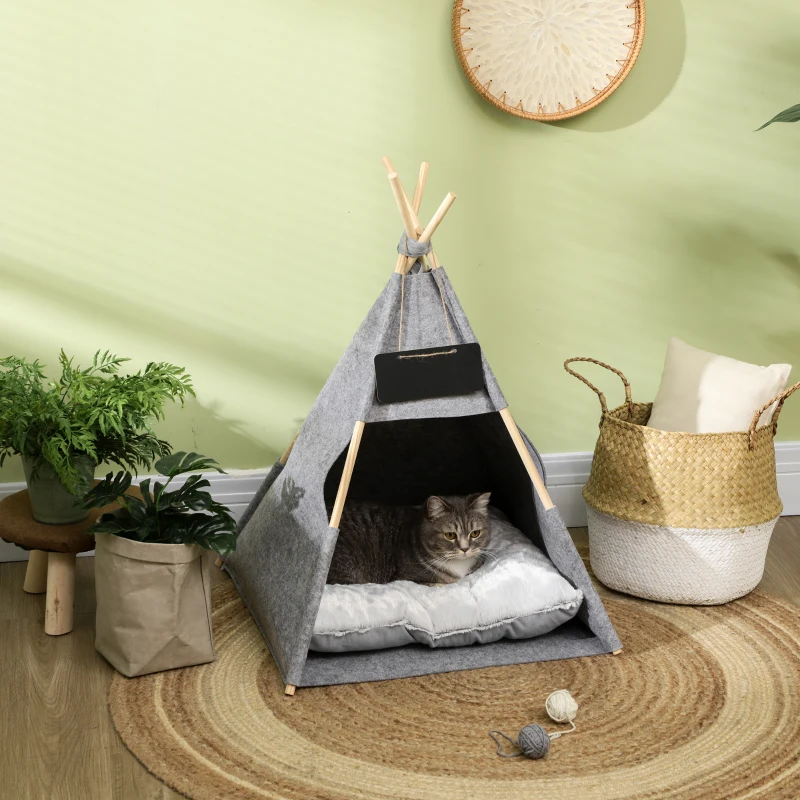 PawHut Pet Teepee Tent Cat Cave Small Dog Bed with Thick Cushion, Name Chalkboard for Kitten and Puppy Grey