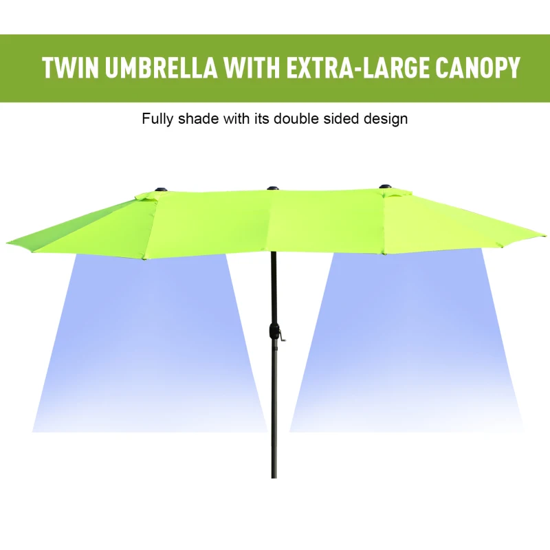 Outsunny 15ft Double-sided Patio Umbrella with Twin Canopy, Extra Large Outdoor Parasol with Crank for Pool, Deck, Market, Green