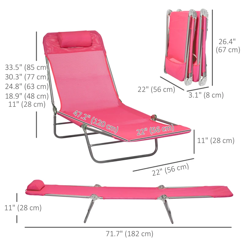 Outsunny Set of 2 Folding Chaise Lounge Chairs, Outdoor Poolside Sun Tanning Chairs w/ Pillow, Reclining Backrest, Pink