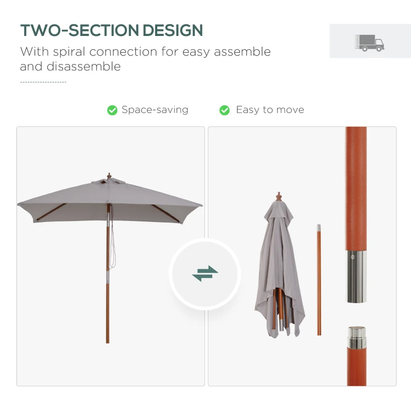 Outsunny 6.6 x 5ft Fir Wooden Patio Umbrella Market Parasol Tilt Mechanism 6 Ribs Garden Sunshade, Grey