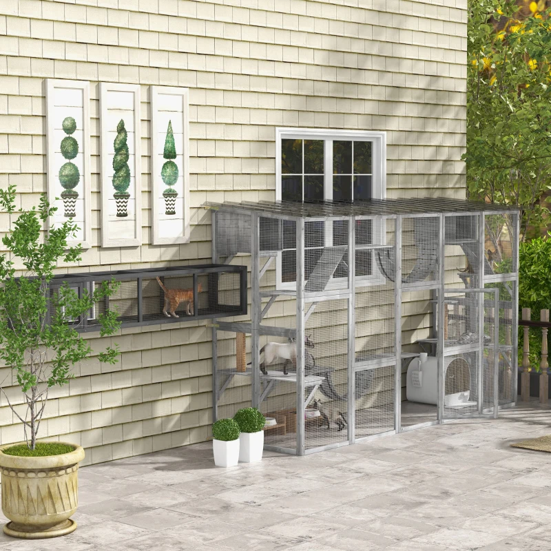 PawHut Large Outdoor Catio with Condos, Platforms, Doors, Ladders, Weather-Resistant Roof, Grey