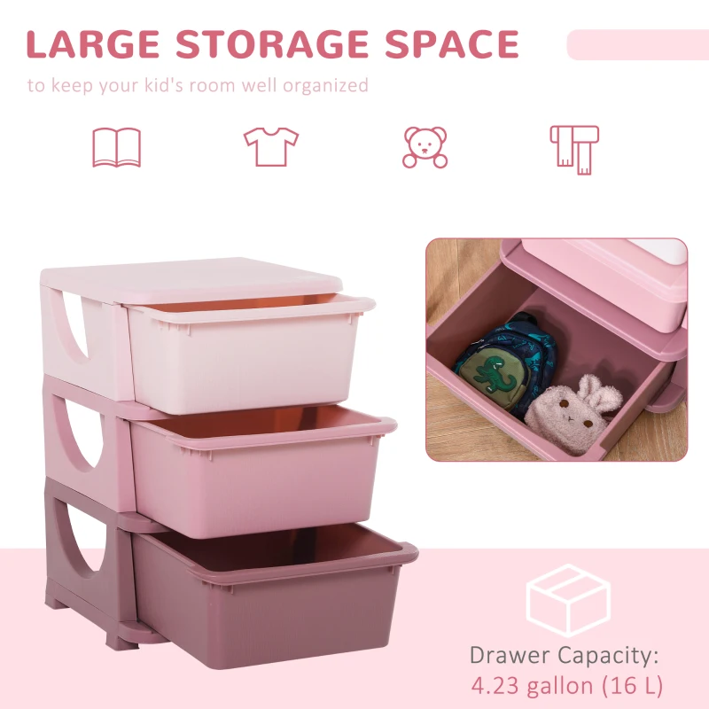 Qaba 3 Tier Kids Toy Organizer and Storage Bins with 3 Plastic Drawers, Pink