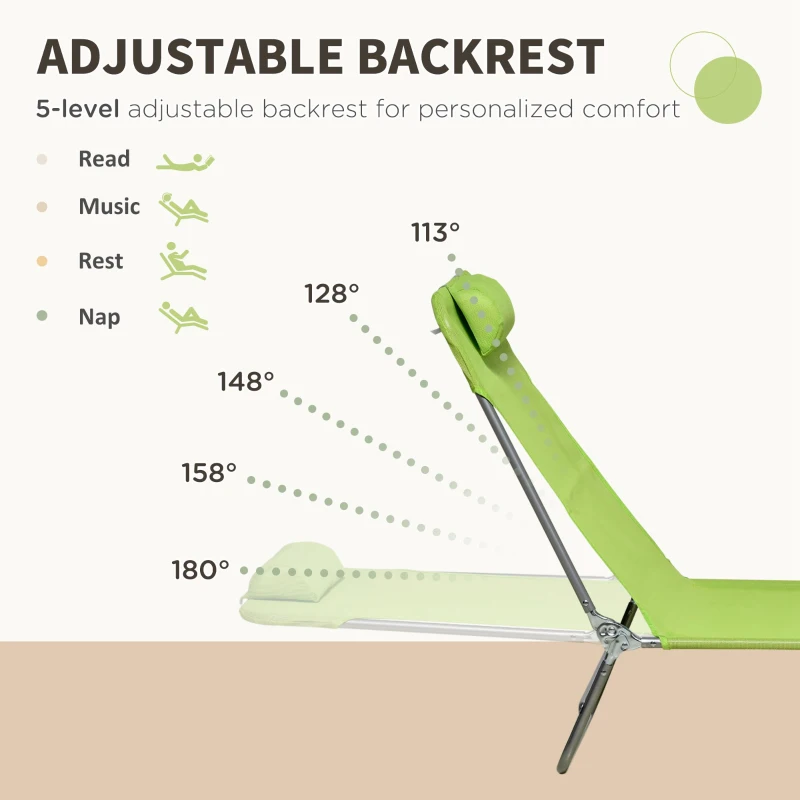 Outsunny 2 Piece Folding Chaise Lounge Chairs, Pool Sun Tanning Chairs with Reclining Back, Breathable Mesh Seat, Headrest for Beach, Yard, Patio, Green