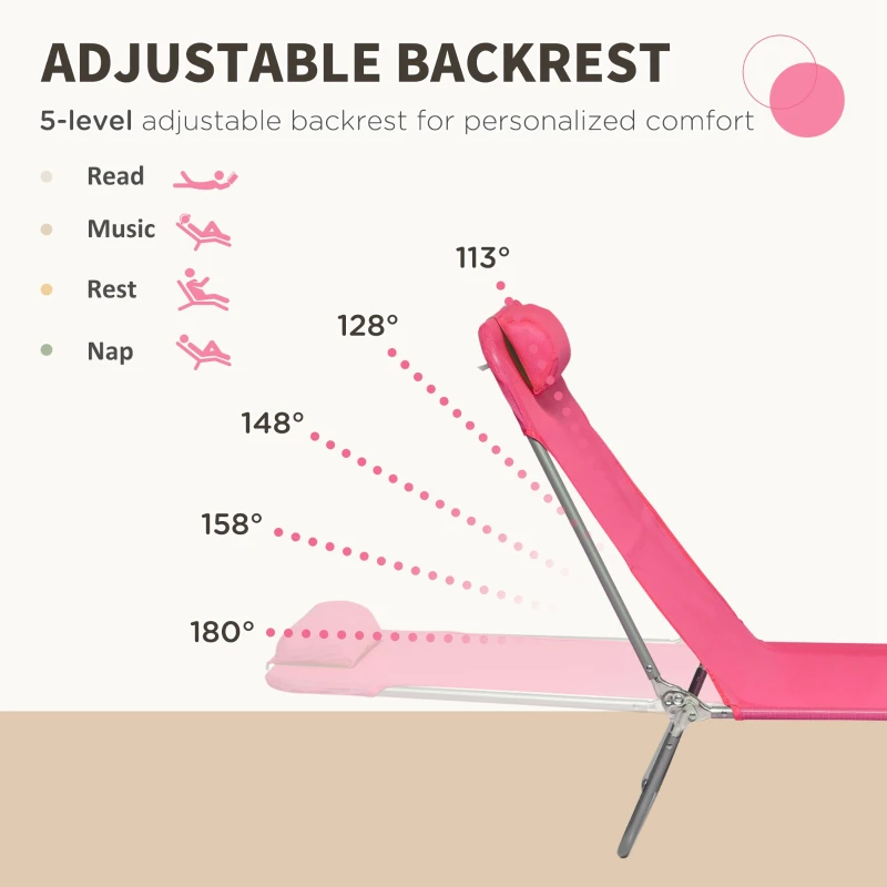 Outsunny 2 Piece Folding Chaise Lounge Chairs, Pool Sun Tanning Chairs with Reclining Back, Breathable Mesh Seat, Headrest for Beach, Yard, Patio, Pink