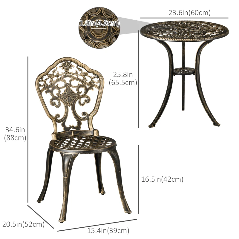 Outsunny Outdoor 3 Piece Garden Bistro Set, 2 Chairs and A Round Table with Parasol Hole for Balcony, Patio, Bronze