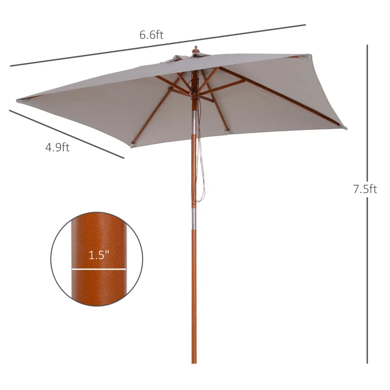 Outsunny 6.6 x 5ft Fir Wooden Patio Umbrella Market Parasol Tilt Mechanism 6 Ribs Garden Sunshade, Grey