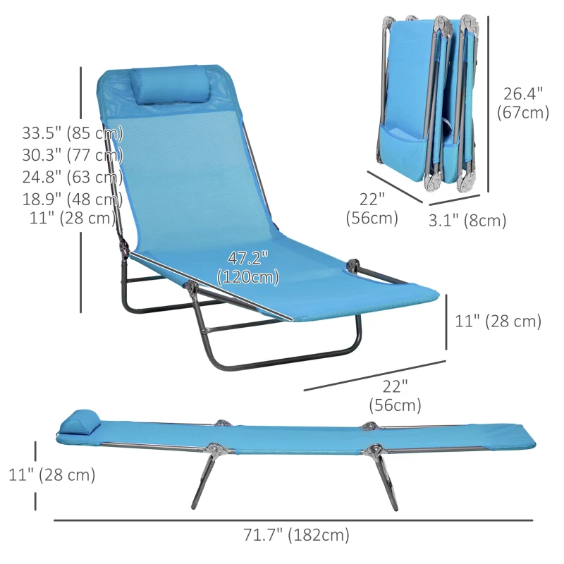 Outsunny Set of 2 Folding Chaise Lounge Chairs, Outdoor Poolside Sun Tanning Chairs w/ Pillow, Reclining Backrest, Blue
