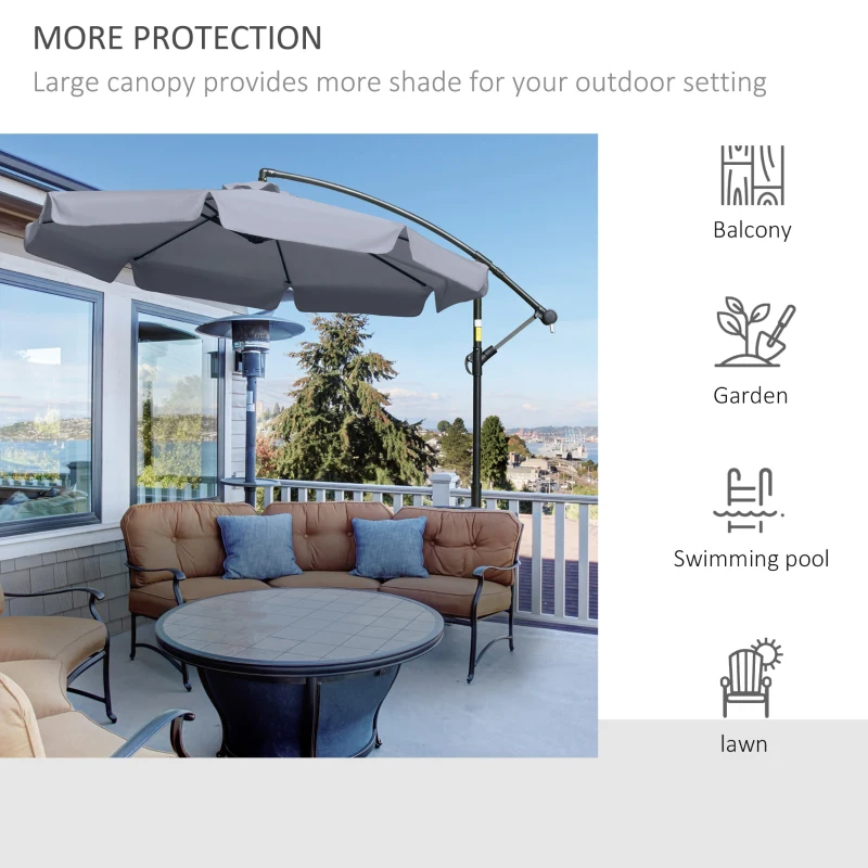 Outsunny 9FT Offset Hanging Patio Umbrella Cantilever Umbrella with Easy Tilt Adjustment, Cross Base and 8 Ribs for Backyard, Poolside, Lawn and Garden, Dark Grey