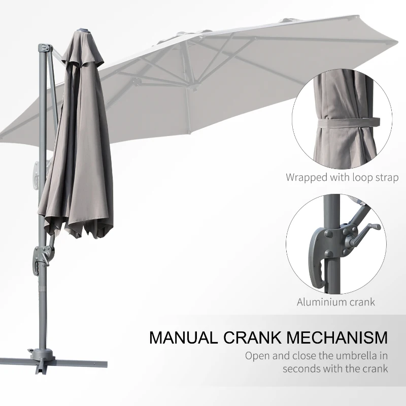 Outsunny Φ9.6' Round Patio Hanging Offset Umbrella Aluminum Outdoor Cantilever Crank Market Parasol Garden Sun Canopy Shelter 360° Rotation w/ Cross Base Grey