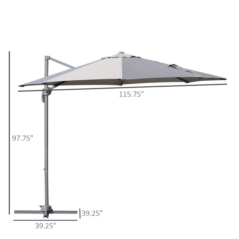 Outsunny Φ9.6' Round Patio Hanging Offset Umbrella Aluminum Outdoor Cantilever Crank Market Parasol Garden Sun Canopy Shelter 360° Rotation w/ Cross Base Grey