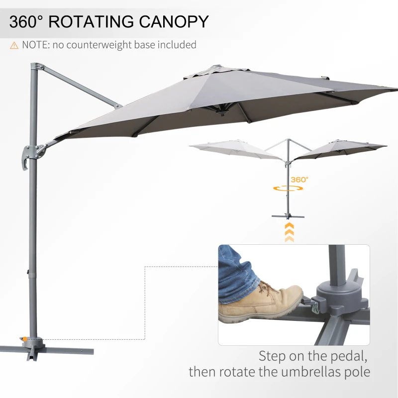 Outsunny Φ9.6' Round Patio Hanging Offset Umbrella Aluminum Outdoor Cantilever Crank Market Parasol Garden Sun Canopy Shelter 360° Rotation w/ Cross Base Grey
