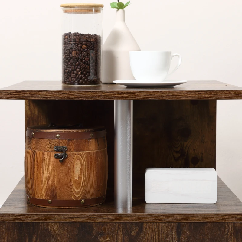 HOMCOM End Coffee Table S Shaped Stand Storage Shelves Organizer Living Room Oak Brown