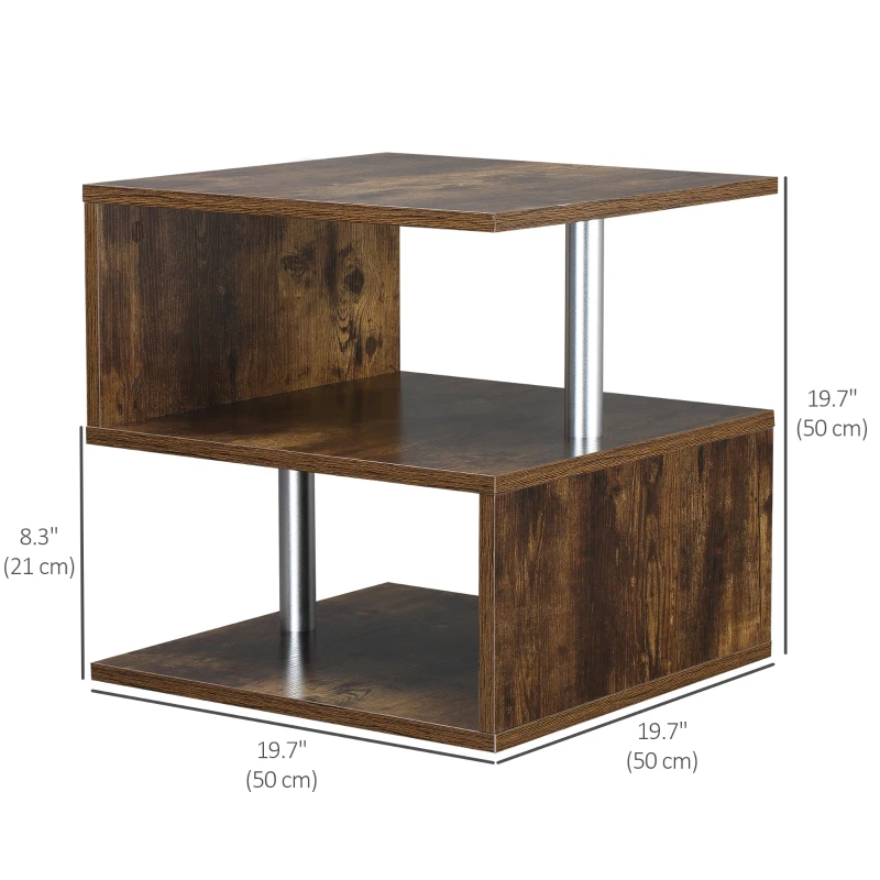 HOMCOM End Coffee Table S Shaped Stand Storage Shelves Organizer Living Room Oak Brown