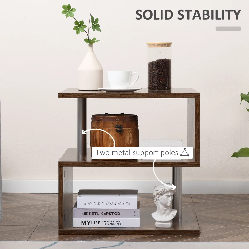 HOMCOM End Coffee Table S Shaped Stand Storage Shelves Organizer Living Room Oak Brown