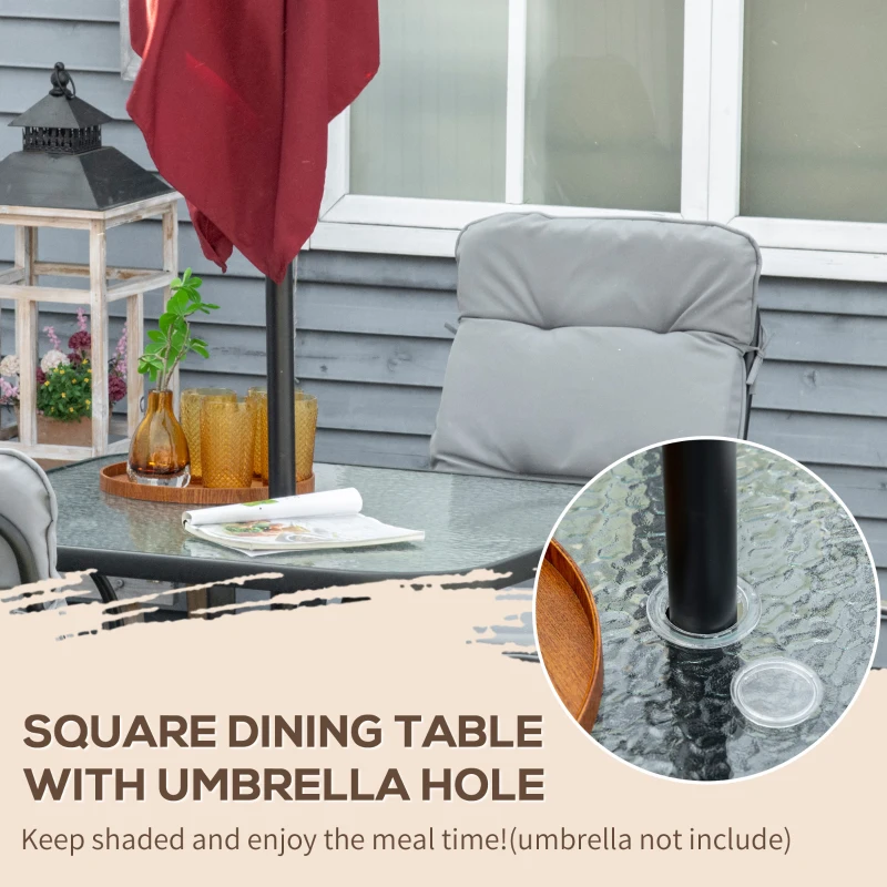 Outsunny 5 Piece Outdoor Square Garden Dining Set w/ Tempered Glass Dining Table 4 Cushioned Armchairs, Umbrella Hole, Grey