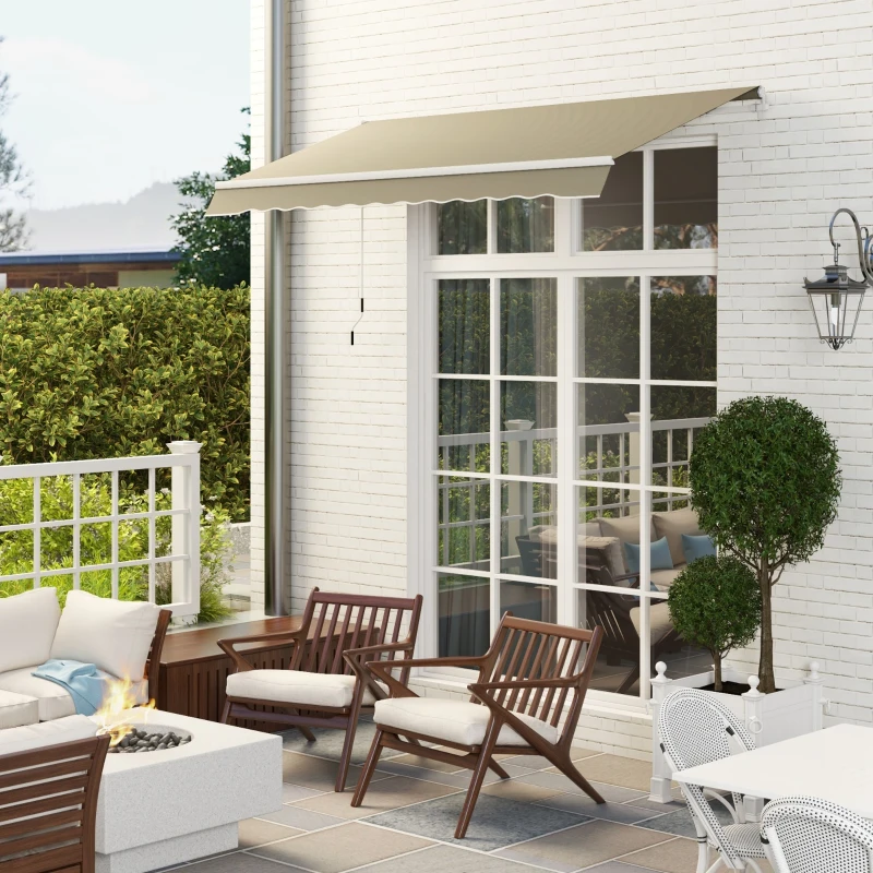 Outsunny 8' x 7' Patio Retractable Awning, Manual Exterior Sun Shade Deck Window Cover, Khaki