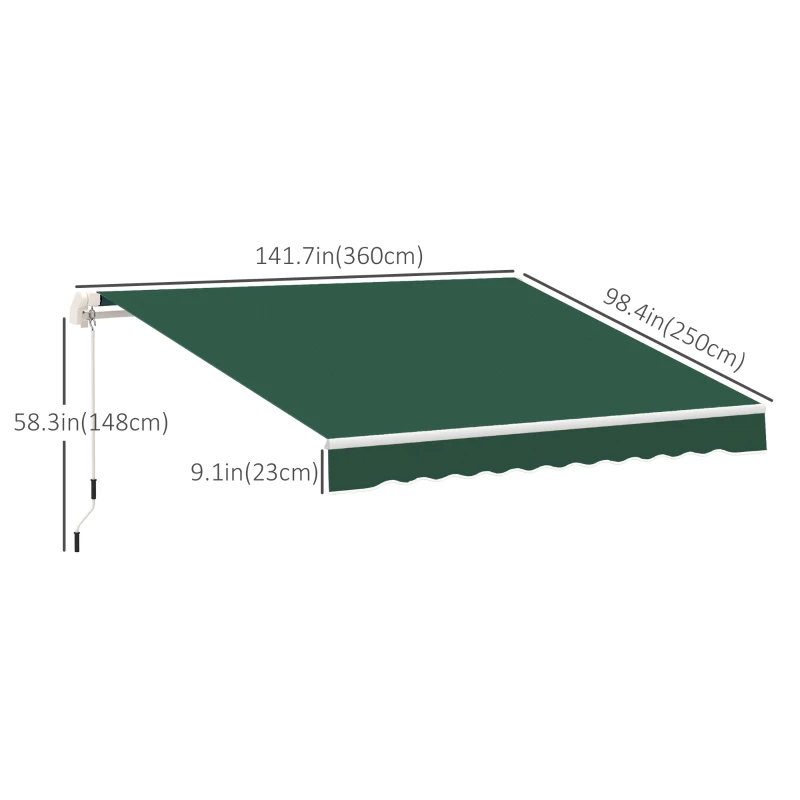 Outsunny 12' x 8' Retractable Awning Patio Awnings Sun Shade Shelter with Manual Crank Handle, UV & Water-Resistant Fabric and Aluminum Frame for Deck Balcony Yard, Green