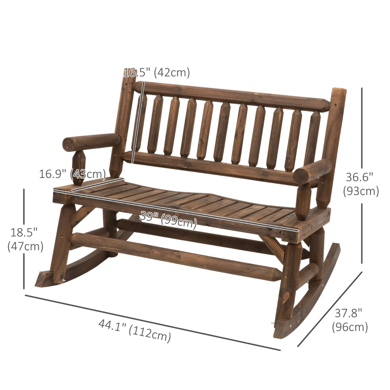 Outsunny 2-Person Wood Patio Rocker, Outdoor Rocking Chair, Porch Rocking Bench with Slat Back and Seat, Carbonized Colour