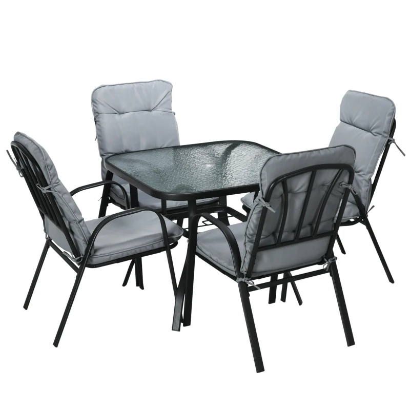 Outsunny 5 Piece Outdoor Square Garden Dining Set w/ Tempered Glass Dining Table 4 Cushioned Armchairs, Umbrella Hole, Grey