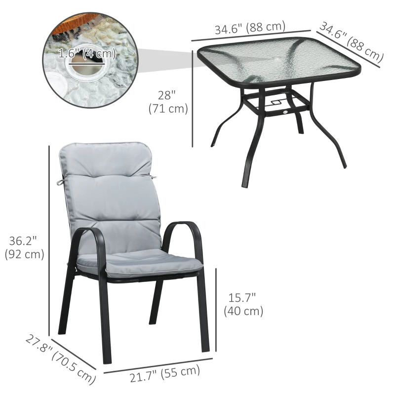 Outsunny 5 Piece Outdoor Square Garden Dining Set w/ Tempered Glass Dining Table 4 Cushioned Armchairs, Umbrella Hole, Grey