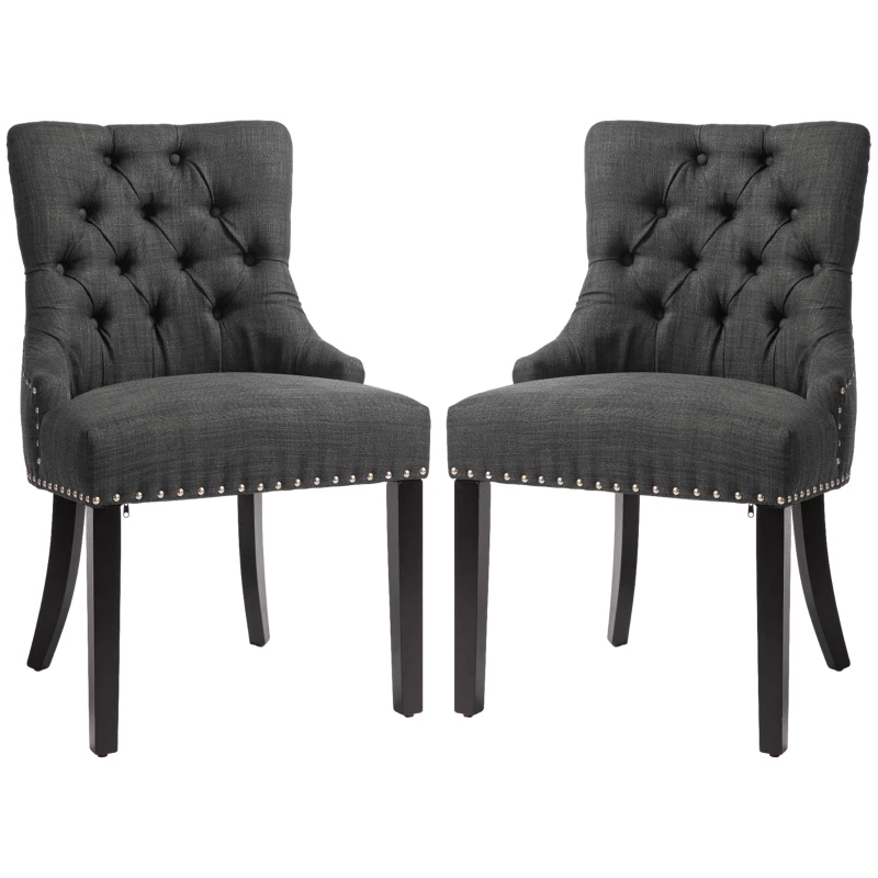 HOMCOM Swoop Air Linen Fabric Dining Chair Set of 2 with Nailhead Trim and Wood Legs, Dark Grey