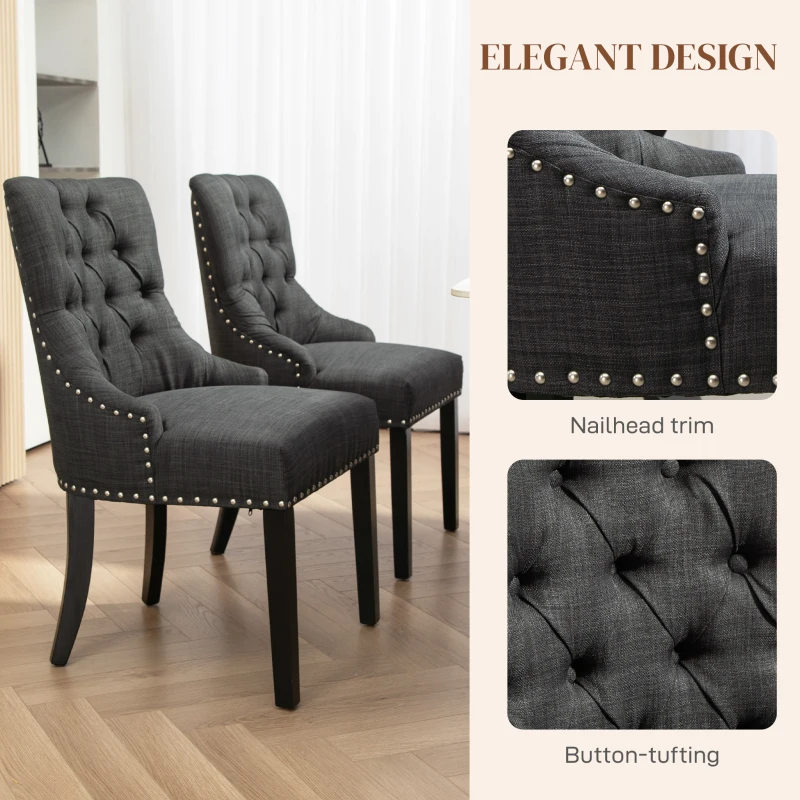 HOMCOM Swoop Air Linen Fabric Dining Chair Set of 2 with Nailhead Trim and Wood Legs, Dark Grey