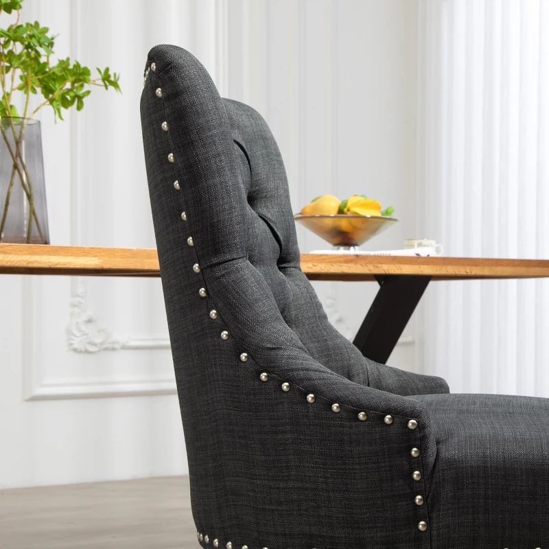 HOMCOM Swoop Air Linen Fabric Dining Chair Set of 2 with Nailhead Trim and Wood Legs, Dark Grey