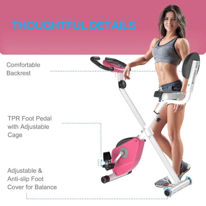 Soozier Foldable Indoor Stationary Bike with 8 Levels of Magnetic Resistance, Exercise Bike for Cardio Workout, Pink