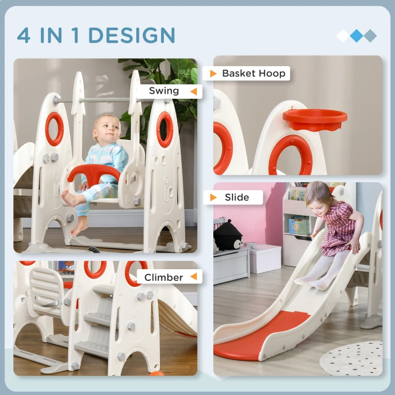 Qaba 4 in 1 Toddler Swing Set with Slide, Basketball Hoop, Climber & Basketball for Kids 1-3 Years Old, Red
