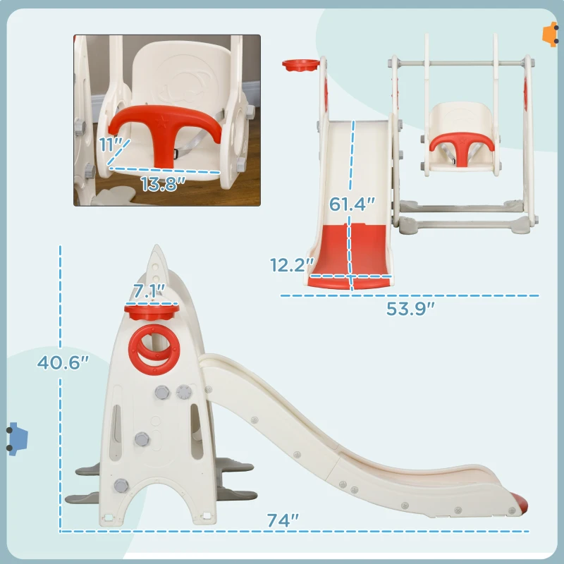 Qaba 4 in 1 Toddler Swing Set with Slide, Basketball Hoop, Climber & Basketball for Kids 1-3 Years Old, Red