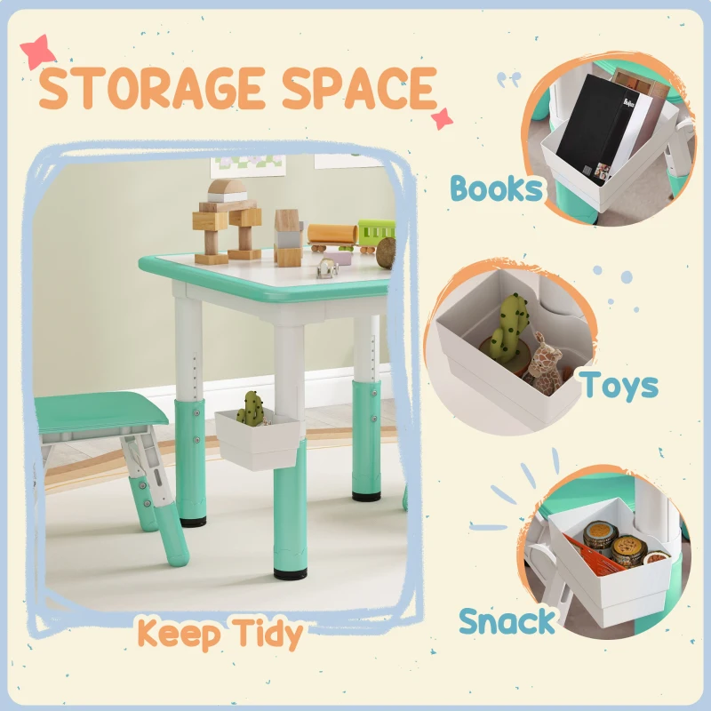 Qaba 3pc Height Adjustable Toddler Table and Chair Set with Storage, Easy to Wipe for Daycare Classroom, Green