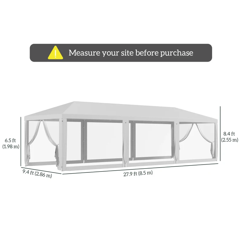 Outsunny 10' x 28' Outdoor Canopy, Party Tent, Garden Sun Shade with 8 Mosquito Mesh Netting and Zipper Door, White