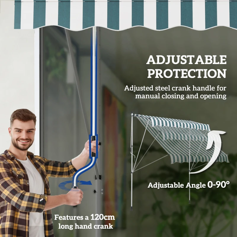Outsunny 6.6'x5' Manual Retractable Patio Awning Window Door Sun Shade Deck Canopy Shelter Water Resistant UV Protector Green and White