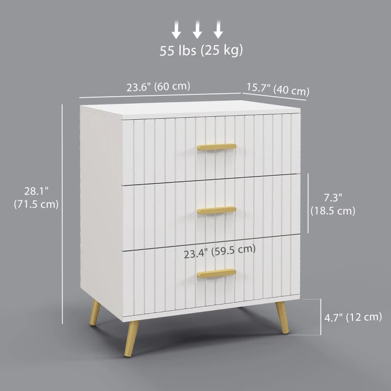 HOMCOM 3 Drawer Cabinet, Drawer Chest for Bedroom, Chest of Drawers with Aluminium Legs and Gold Handles, White