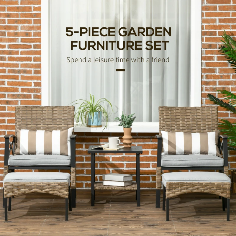 Outsunny 5 Piece PE Rattan Garden Furniture Set, 2 Armchairs,2 Stools, Steel Tabletop with Wicker Shelf, Padded Outdoor Seating, Khaki