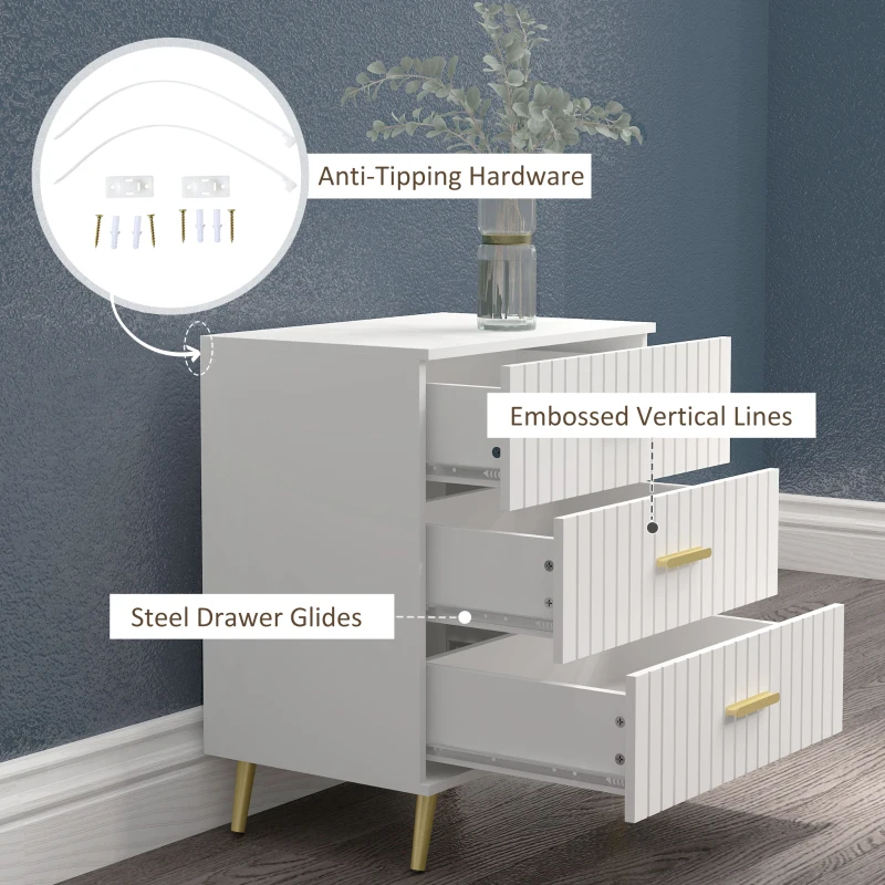 HOMCOM 3 Drawer Cabinet, Drawer Chest for Bedroom, Chest of Drawers with Aluminium Legs and Gold Handles, White